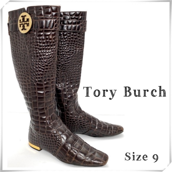 TORY Burch Croco Embossed Leather Knees-high Riding Boot in Brown - Picture 1 of 11